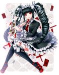  1girl black_hair black_legwear bonnet card celestia_rudenberk dangan_ronpa drill_hair gothic_lolita lolita_fashion long_hair matsurika_youko necktie red_eyes smile solo thigh-highs twin_drills twintails 