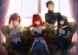  1boy 3girls aozaki_aoko baby black_eyes brown_hair couch curtains father_and_child fur_hat hat highres holding_baby indoors kuonji_alice looking_at_viewer lost_robin_rondo mahou_tsukai_no_yoru mother_and_child motherly multiple_girls on_couch private_misaki_high_school_uniform reien_girl's_academy_school_uniform school_uniform shizuki_soujuurou sitting smile swaddled toomishou type-moon window 