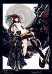  arm_cannon artificial_wings belt border bow breasts cape cleavage hair_bow highres kiyomasa_ren long_hair navel navel_cutout number red_eyes reiuji_utsuho ribbon single_thighhigh skirt skull sleeveless sleeveless_shirt solo thigh-highs third_eye touhou weapon whip windowboxed wings ⑥ 