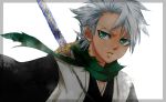  1boy bad_id bleach border bust_cup green_eyes haori hitsugaya_toushirou japanese_clothes kor_(kaori-hisui) md5_mismatch solo sword weapon white_hair 