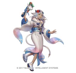  1girl anbe_yoshirou animal_ears ash_(fire_emblem) ash_(new_year)_(fire_emblem) breasts copyright_notice cow_ears cow_horns cow_tail dark-skinned_female dark_skin fire_emblem fire_emblem_heroes flower full_body fur_trim gradient_background gradient_clothes hagoita hair_ornament holding horns japanese_clothes kimono long_hair medium_breasts obi official_art open_mouth paddle sandals sash sidelocks smile solo tabi tail white_background white_hair wide_sleeves yellow_eyes zouri 