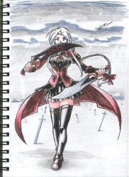  1erickf50 1girl archerko_(himura_kiseki) boots braid breasts fate/stay_night fate_(series) highres kanshou_&amp;_bakuya_(fate) long_hair long_sleeves looking_at_viewer medium_breasts notepad red_eyes shirt signature single_braid skirt solo sword thigh-highs traditional_media unlimited_blade_works_(reality_marble) very_long_hair weapon white_hair zettai_ryouiki 