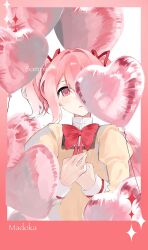  1girl balloon balloon_over_eye blush bo4turtle border character_name commentary expressionless flat_chest hair_between_eyes hair_ribbon half-closed_eyes hands_on_own_chest hands_up head_tilt heart_balloon high_collar highres juliet_sleeves kaname_madoka light_blush long_sleeves looking_at_viewer mahou_shoujo_madoka_magica mahou_shoujo_madoka_magica_(anime) mitakihara_school_uniform neck_ribbon no_nose nose_blush one_eye_covered own_hands_together parted_lips pink_border pink_eyes pink_hair pink_theme puffy_sleeves red_ribbon ribbon school_uniform shirt short_twintails sidelocks simple_background single_horizontal_stripe sleeve_cuffs solo sparkle symbol-only_commentary thick_eyelashes too_many too_many_balloons twintails upper_body wavy_hair white_background white_shirt white_sleeve_cuffs yellow_shirt 