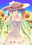 absurdres aqua_eyes aqua_hair dress field flower hat hatsune_miku highres long_hair sunflower temari_(deae) twintails vocaloid 