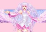  1girl dress hatsune_miku long_hair nakacha pink_background pink_dress pink_eyes sakura_miku thigh-highs vocaloid zettai_ryouiki 