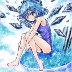  1girl blue_background blue_eyes blue_hair bow cirno hair_bow ice ice_wings nanashii_(soregasisan) one-piece_swimsuit ribbon school_swimsuit short_hair smile solo swimsuit touhou wings 