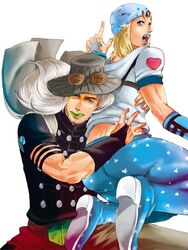  2boys blonde_hair blue_eyes chichi_gult grey_hair gyro_zeppeli hat johnny_joestar jojo_no_kimyou_na_bouken lipstick long_hair makeup multiple_boys silver_hair steel_ball_run 