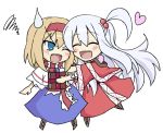  2girls ^_^ alice_margatroid blonde_hair blue_eyes book capel closed_eyes hair_bobbles hair_ornament heart hug kenii multiple_girls open_mouth shinki side_ponytail silver_hair smile squiggle touhou touhou_(pc-98) wink 