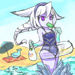  1girl bag beach beach_towel beach_umbrella braid chibi hairband ice innertube league_of_legends lissandra long_hair ocean one-piece_swimsuit popsicle purple_skin shopping_bag single_braid solo swimsuit trombe violet_eyes white_hair 