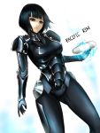  1girl black_hair bob_cut bodysuit breasts brown_eyes highres kumiko_(aleron) mako_mori pacific_rim pilot_suit shiny shiny_clothes short_hair shoulder_pads solo 