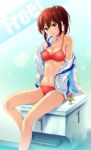  1girl bikini bird blush breasts free! jacket matsuoka_gou red_eyes redhead shian_(my_lonly_life.) sitting solo swimsuit wet 