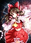  1girl ascot bow brown_eyes brown_hair detached_sleeves furim gohei hair_bow hair_tubes hakurei_reimu highres lens_flare light light_smile light_trail long_hair looking_at_viewer midriff navel open_hand outstretched_arm reaching_out skirt skirt_set solo touhou 