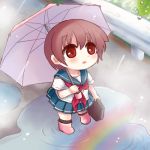  1girl bag blush boots brown_eyes brown_hair chibi kawara_yun lowres miyanaga_saki rain rainbow saki short_hair umbrella 