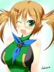  1girl blush breasts brown_hair green_eyes large_breasts looking_at_viewer luxuria open_mouth patty_(pso2) phantasy_star_online_2 pointy_ears smile solo 