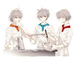  3boys baking bangoul bowl food grey_hair licking multiple_boys multiple_persona nagisa_kaworu neon_genesis_evangelion red_eyes smile 