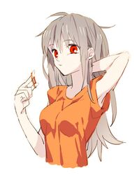  1girl arm_up bangoul genderswap grey_hair hairband long_hair nagisa_kaworu neon_genesis_evangelion red_eyes solo t-shirt 