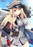  1girl bismarck_(kantai_collection) blonde_hair blue_eyes breasts brown_gloves cannon detached_sleeves gloves hand_on_hip hat kantai_collection large_breasts long_hair looking_at_viewer military military_uniform personification sayori solo thigh-highs translation_request uniform 