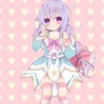  1girl bare_shoulders bow braid choujigen_game_neptune hair_bow heart heart-shaped_pupils kami_jigen_game_neptune_v long_hair looking_at_viewer lovefumiki open_mouth purple_hair pururut red_eyes solo striped striped_legwear symbol-shaped_pupils very_long_hair violet_eyes 