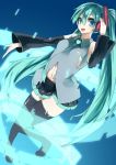  1girl blue_eyes boots detached_sleeves digital_dissolve green_hair hand_on_headphones hatsune_miku headphones headset highres kyouya_(mukuro238) long_hair navel necktie open_mouth outstretched_arm skirt solo thigh-highs thigh_boots twintails very_long_hair vocaloid 