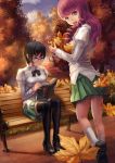  2girls autumn autumn_leaves bare_legs black_hair black_legwear blue_eyes breasts drill_hair glasses hakamichi_shizune katawa_shoujo mikado_shiina multiple_girls park_bench pink_hair pleated_skirt reading school_uniform short_hair sitting skirt taut_clothes taut_shirt thighhighs tree twin_drills yukira0 