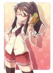  1girl ;) black_hair black_legwear brown_eyes e20 genshiken glasses hand_on_hip long_hair mars_symbol necktie ponytail red-framed_glasses shorts smile solo thighhighs wink yoshitake_rika 