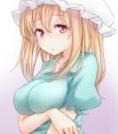  1girl blonde_hair breast_hold breasts hat impossible_clothes impossible_shirt long_hair looking_at_viewer maribel_hearn solo tori_(minamopa) touhou violet_eyes 