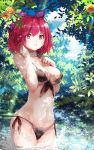  1girl alternate_costume bandages bikini black_bikini bow breasts cleavage collarbone flower hair_bow hand_in_hair hand_on_own_chest highres large_breasts looking_at_viewer mikoma_sanagi red_eyes redhead sekibanki side-tie_bikini solo sunlight swimsuit touhou water wet wet_hair 
