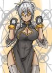 1girl animal_ears bear_ears braid breasts character_request china_dress chinese_clothes cleavage cleavage_cutout clenched_hands clothed_navel copyright_request glasses gloves grey_legwear hair_ornament hair_stick kuma_x large_breasts pince-nez rough short_hair side_slit silver_hair thigh-highs twin_braids yellow_eyes 