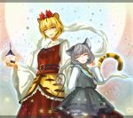  2girls animal_ears arm_behind_back bishamonten&#039;s_pagoda black_hair blonde_hair bloomers blush capelet closed_eyes grey_hair hair_ornament holding_hands jewelry long_sleeves mikikoto_hitsuji mouse_ears mouse_tail multicolored_hair multiple_girls nazrin pendant red_eyes short_hair skirt smile tail tiger_ears tiger_print tiger_tail toramaru_shou touhou two-tone_hair underwear wink 