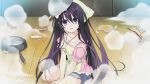  1girl apron breasts broken_egg burnt_clothes date_a_live egg food frying_pan game_cg kitchen long_hair looking_at_viewer purple_hair solo sweatdrop tsunako violet_eyes yatogami_tooka 