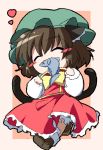  1girl animal_ears blush_stickers brown_hair cat_ears cat_tail chen chibi closed_eyes fish hat multiple_tails oka_(bananashoe) short_hair solo tail touhou 