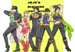  5boys black_hair blonde_hair blue_hair brown_hair cosplay costume_switch fingerless_gloves gakuran giorno_giovanna gloves hat higashikata_jousuke higashikata_jousuke_(cosplay) hydroball jojo_no_kimyou_na_bouken jonathan_joestar jonathan_joestar_(cosplay) joseph_joestar_(young) joseph_joestar_(young)_(cosplay) kuujou_jolyne kuujou_jolyne_(cosplay) kuujou_joutarou kuujou_joutarou_(cosplay) long_coat midriff multiple_boys pompadour posing scarf school_uniform 