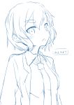  1girl blush character_request highres looking_at_viewer monochrome muku-coffee short_hair simple_background solo translation_request white_background 