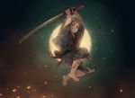  1boy child full_moon gintama glowing glowing_eyes japanese_clothes katana kimono moon pood1e red_eyes sakata_gintoki silver_hair solo sword weapon white_hair young 