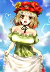  1girl adapted_costume aki_minoriko apron apron_tug bare_shoulders blonde_hair blue_sky breasts cleavage clouds collarbone flower hat hat_flower heart large_breasts looking_at_viewer off_shoulder open_mouth puffy_sleeves ribbon_choker shirt short_sleeves skirt sky smile solo touhou umigarasu_(kitsune1963) waist_apron yellow_eyes 
