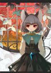  1girl animal_ears arms_behind_back capelet grey_hair jewelry long_sleeves mikikoto_hitsuji mouse_ears mouse_tail nazrin pendant red_eyes short_hair skirt solo tail touhou vines window 