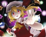 1girl blonde_hair bwell fang flandre_scarlet hands hat open_mouth red_eyes short_hair side_ponytail solo touhou wings 