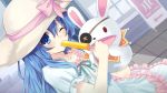 1girl animal_ears blue_eyes blue_hair date_a_live dress eating eyepatch game_cg hand_puppet hat hat_ribbon highres long_hair open_mouth popsicle puppet rabbit rabbit_ears ribbon solo stuffed_animal stuffed_bunny stuffed_toy tsunako yoshino_(date_a_live) 