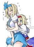  2girls ^_^ adult alice_margatroid alice_margatroid_(pc-98) blonde_hair blue_dress blue_eyes capelet child closed_eyes dress hair_ribbon hairband hug hug_from_behind kenii multiple_girls open_mouth ribbon role_reversal short_hair sketch skirt smile suspenders touhou touhou_(pc-98) wink young 