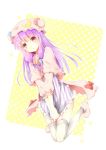  1girl covering covering_crotch crescent garter_belt hat long_hair looking_at_viewer mutou_mandy patchouli_knowledge polka_dot polka_dot_background purple_hair red_eyes solo thigh-highs touhou white_legwear 