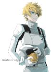  1boy blonde_hair graham_aker gundam gundam_00 headwear_removed helmet helmet_removed holding_helmet hui_ming pilot_suit solo 