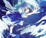  1girl blue_dress blue_eyes blue_hair bow cirno dress hair_bow ice ice_wings looking_at_viewer nakatani open_mouth outstretched_arm puffy_sleeves shirt short_sleeves smile solo touhou wings 