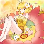  1girl antennae barefoot blonde_hair book cup flower food fruit hair_flower hair_ornament insect_wings legs minari mouth_hold orange original sheep short_hair solo sweater wings yellow_eyes 