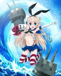  1girl anchor blonde_hair blue_eyes elbow_gloves gloves innertube kantai_collection long_hair looking_at_viewer maru_(sw1tch) midriff navel personification rensouhou-chan shimakaze_(kantai_collection) striped striped_legwear thighhighs waves 