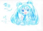  1girl animal_hood blue_eyes character_name colored_pencil_(medium) dated gloves happy_birthday hatsune_miku headset hjhhzb hood long_hair necktie open_mouth paw_gloves paw_shoes sitting snowflakes solo traditional_media twintails very_long_hair vocaloid yuki_miku 