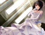  1girl bare_shoulders blush breasts cleavage date_a_live dress elbow_gloves gloves hair_over_one_eye looking_at_viewer qiuzhi_huiyi red_eyes smile solo tokisaki_kurumi wedding_dress white_gloves 