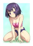  1girl all_fours bare_shoulders barefoot blush breasts cleavage collarbone hair_ornament hairclip kouda_tomohiro looking_at_viewer midriff original purple_hair short_hair shorts smile solo tubetop violet_eyes 