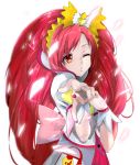  1girl cure_ace dokidoki!_precure hand_on_own_chest highres long_hair madoka_aguri petals pointing precure red_eyes redhead simple_background solo white_background wink yuki_(nanao_yuki) 
