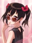  1girl \m/ black_hair bow character_name finger_to_mouth hair_bow happy_birthday ivioss long_hair looking_back love_live!_school_idol_project red_eyes solo sunglasses twintails yazawa_nico 