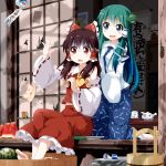  2girls aqua_eyes ascot bare_shoulders barefoot blue_hair bow brown_eyes brown_hair bucket cat cicada cup detached_sleeves food frog_hair_ornament fruit gradient_hair green_hair hair_bow hair_ornament hair_tubes hakurei_reimu highres hole kneeling kochiya_sanae long_sleeves maneki-neko melon multicolored_hair multiple_girls open_door open_mouth rag shirt sign sitting skirt snake_hair_ornament soaking_feet sweat teacup teapot tears touhou tsurukou_(tksymkw) veranda wide_sleeves wind_chime 